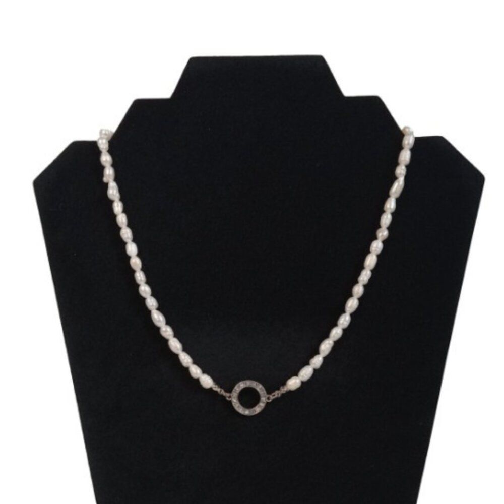Natural White Pearl Beaded Rhinestone Encrusted Silver Circle Pendant Necklace
